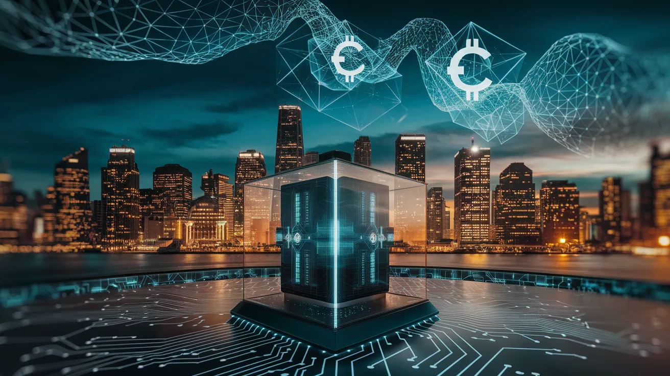 Singapore's Marina Bay skyline with holographic circuits, quantum computer, digital currency symbols.