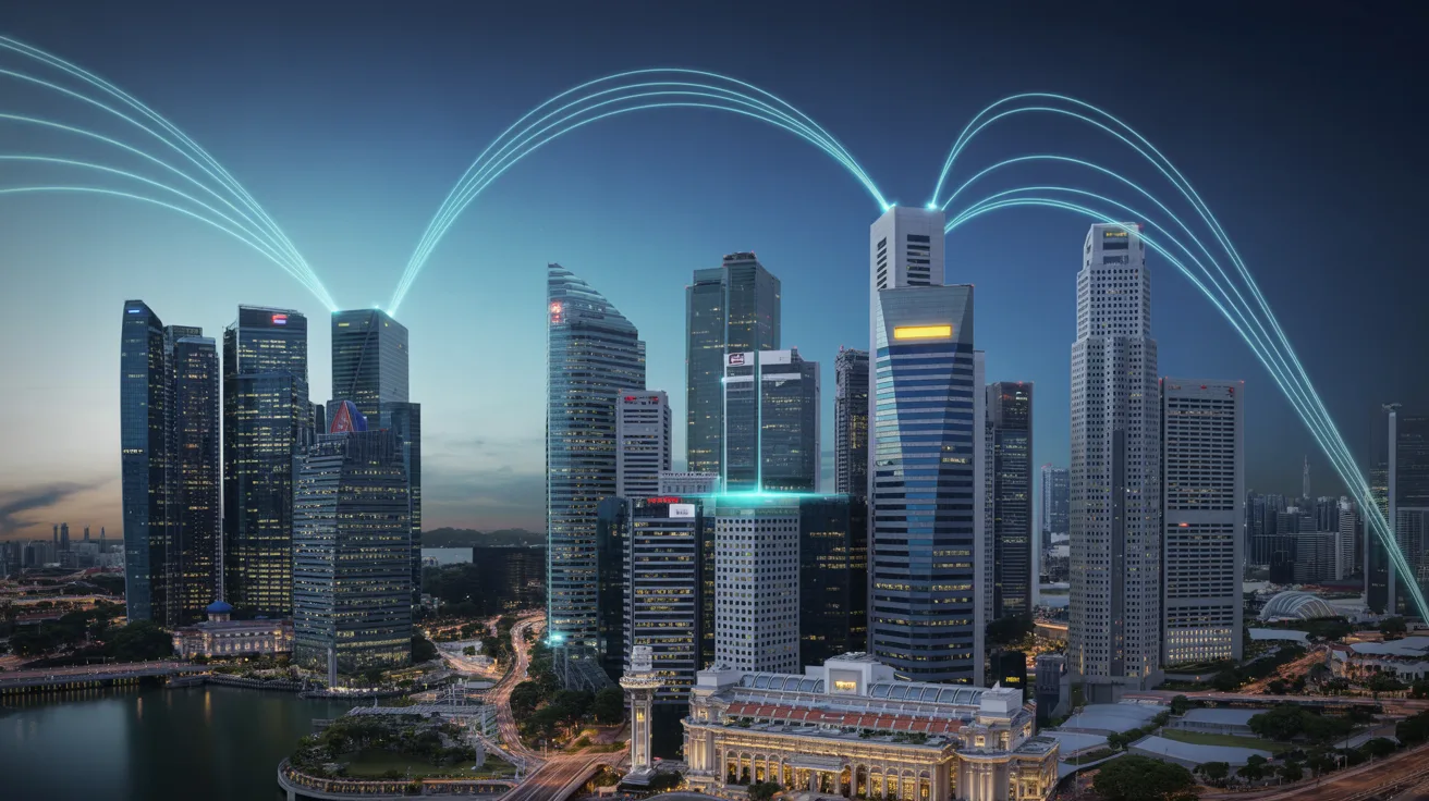 Aerial view of Singapore's financial district at dusk with glowing data centers and laser beams.