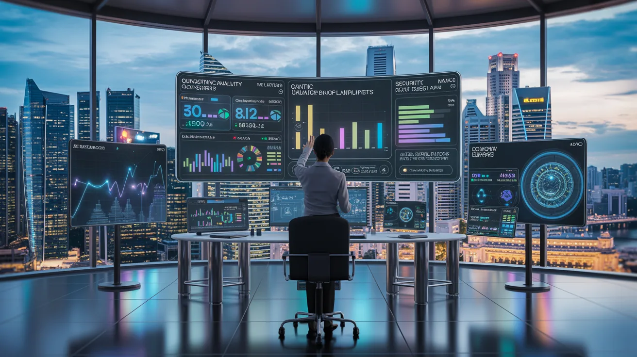 Futuristic command center with holographic dashboards overlooking Singapore's skyline at dusk.
