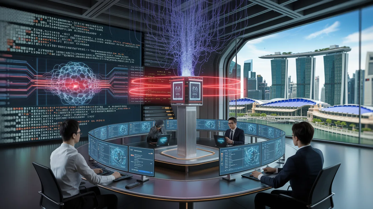 Futuristic cybersecurity center with quantum computing, red team operation, Singapore skyline.