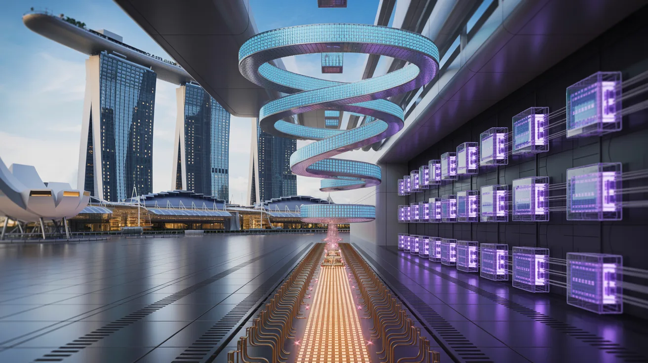 Futuristic data center with quantum processors, holographic security, and Singaporean architecture.