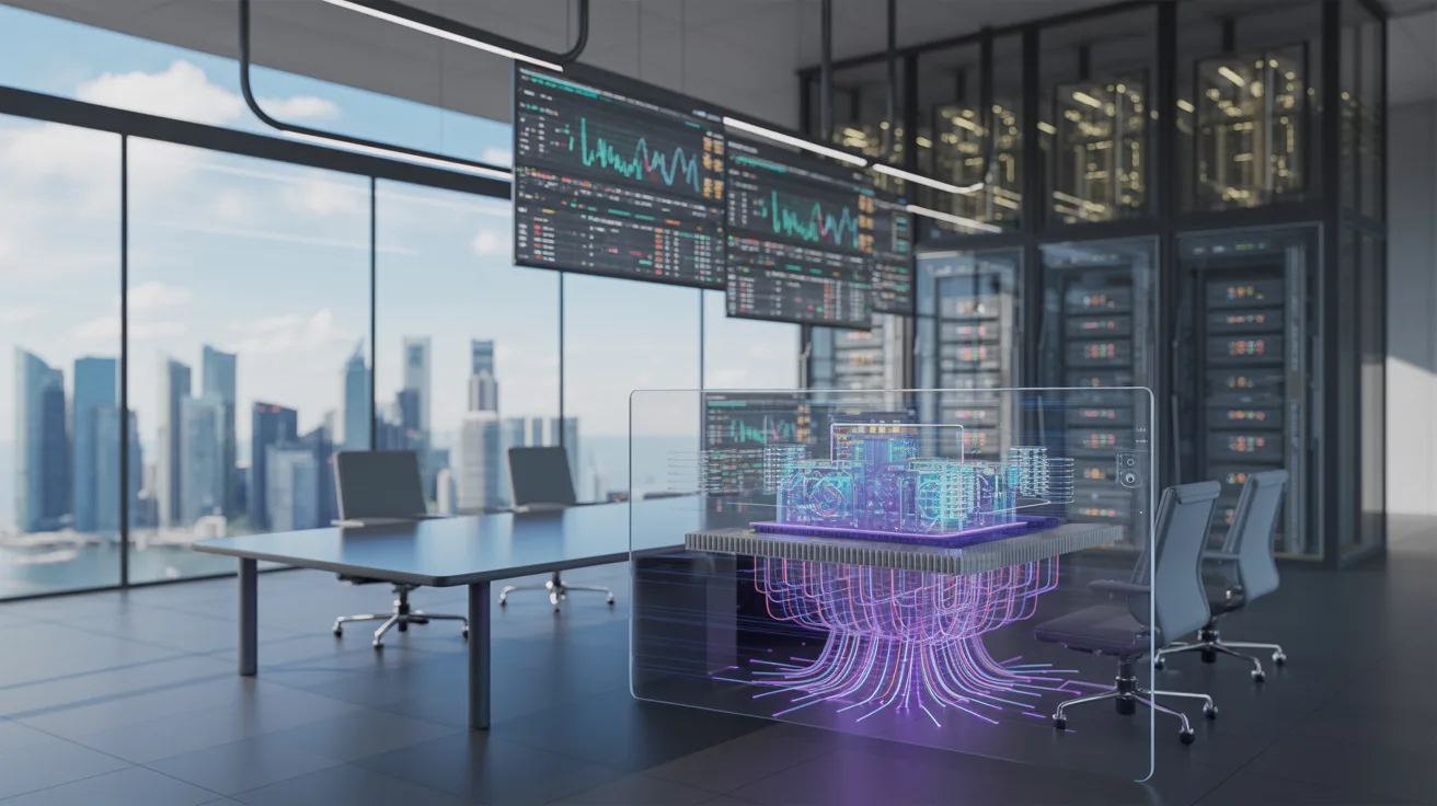 Futuristic financial command center with holographic quantum displays, Singapore skyline view.