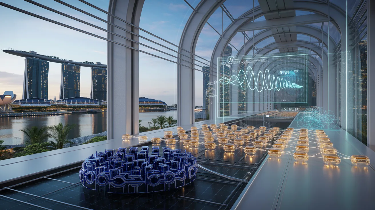 Futuristic lab in Singapore with holographic quantum circuits, skyline at dusk.