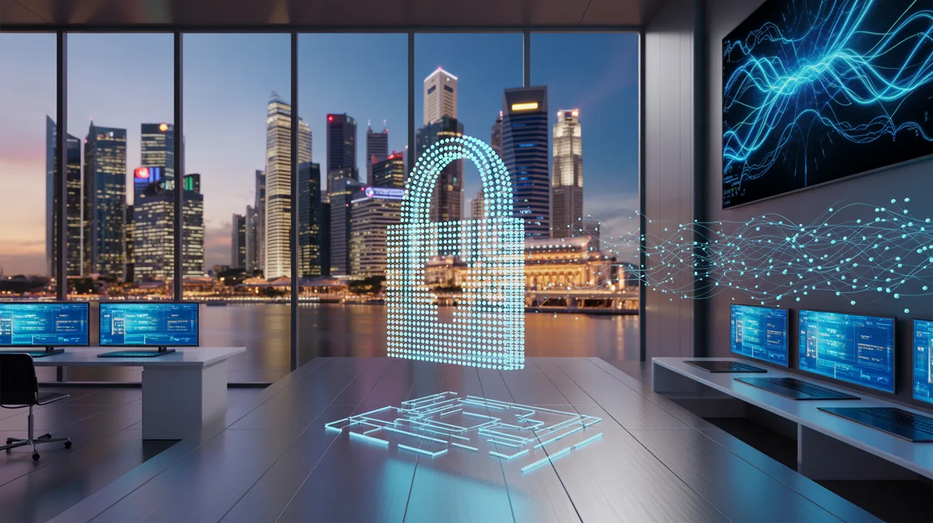 Futuristic lab with glowing quantum circuits, Marina Bay skyline at dusk.