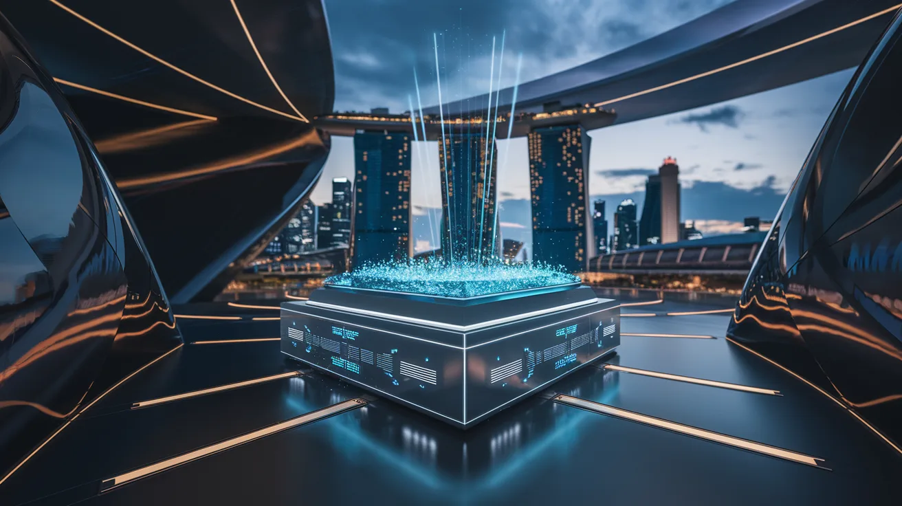 Futuristic lab with quantum computer, holograms, Marina Bay Sands skyline at dusk.