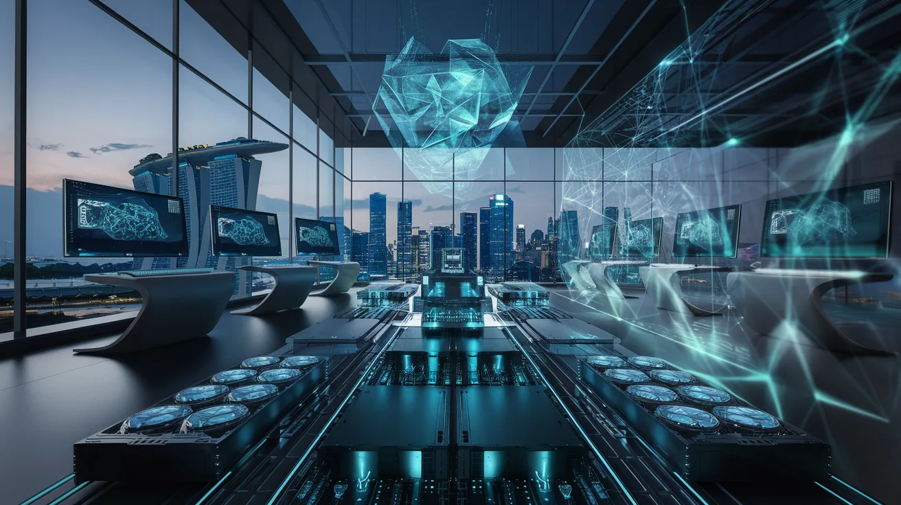 Futuristic lab with quantum computing setup, holographic display, Marina Bay Sands at dusk.