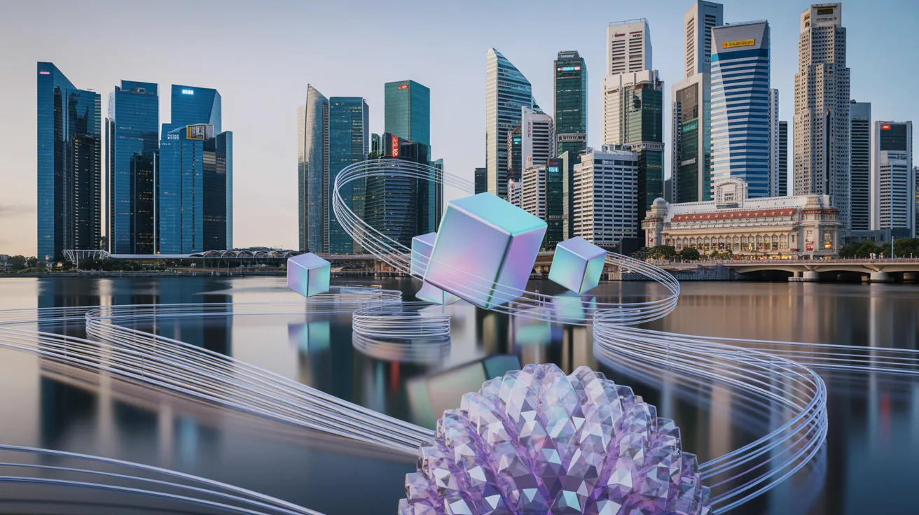 Futuristic Marina Bay skyline at dusk with holographic circuits and blockchain cubes.
