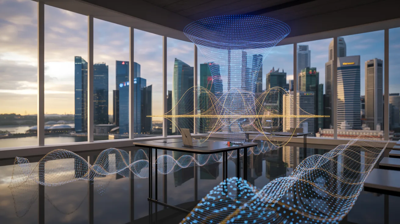 Futuristic office with holographic quantum computer, blue-violet 3D data curves, Singapore skyline at dusk.