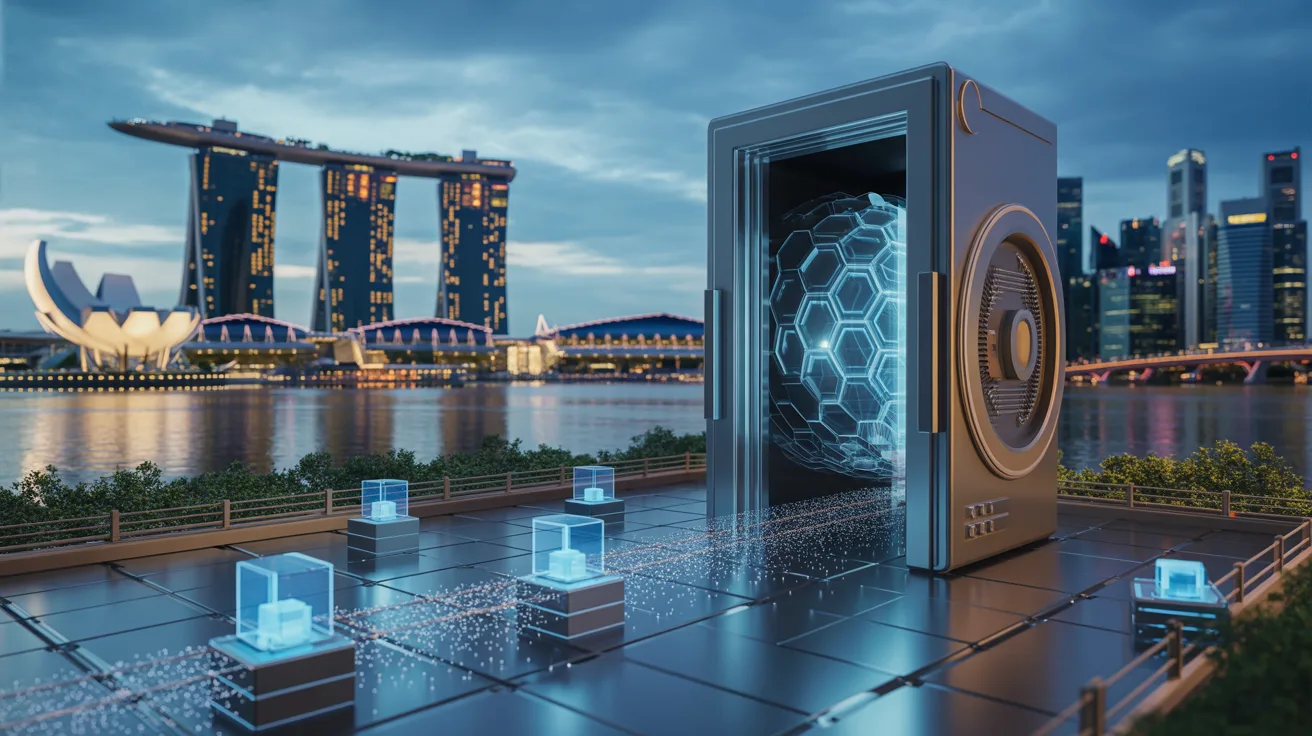Futuristic quantum cryptography visualization with digital vault, holographic blockchain, and Singapore skyline at dusk.