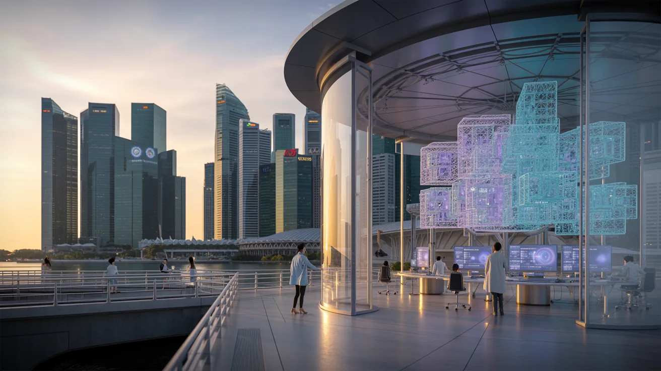 Futuristic quantum facility with glass walls, holographic displays, and Marina Bay skyline at dusk.