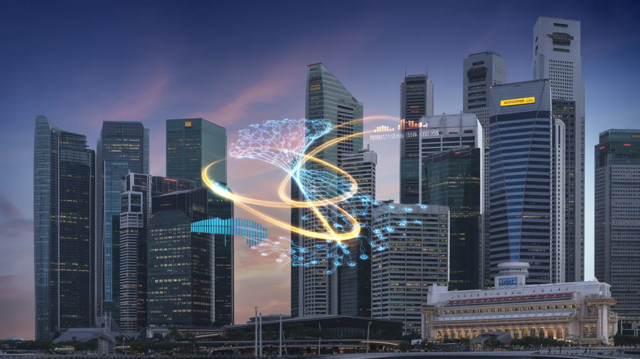 Futuristic scene in Singapore's Marina Bay at dusk with holographic circuits and skyscrapers.