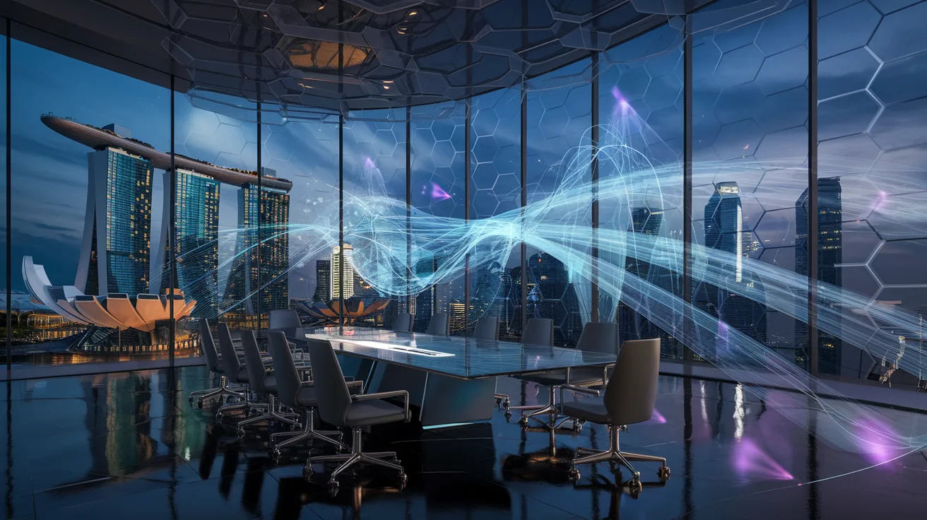 Futuristic Singapore cityscape at dusk with holographic SWIFT data flows and quantum circuit patterns.