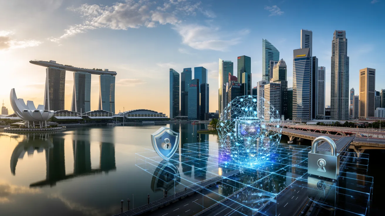 Futuristic Singapore cityscape at dusk with holographic quantum matrix in foreground.