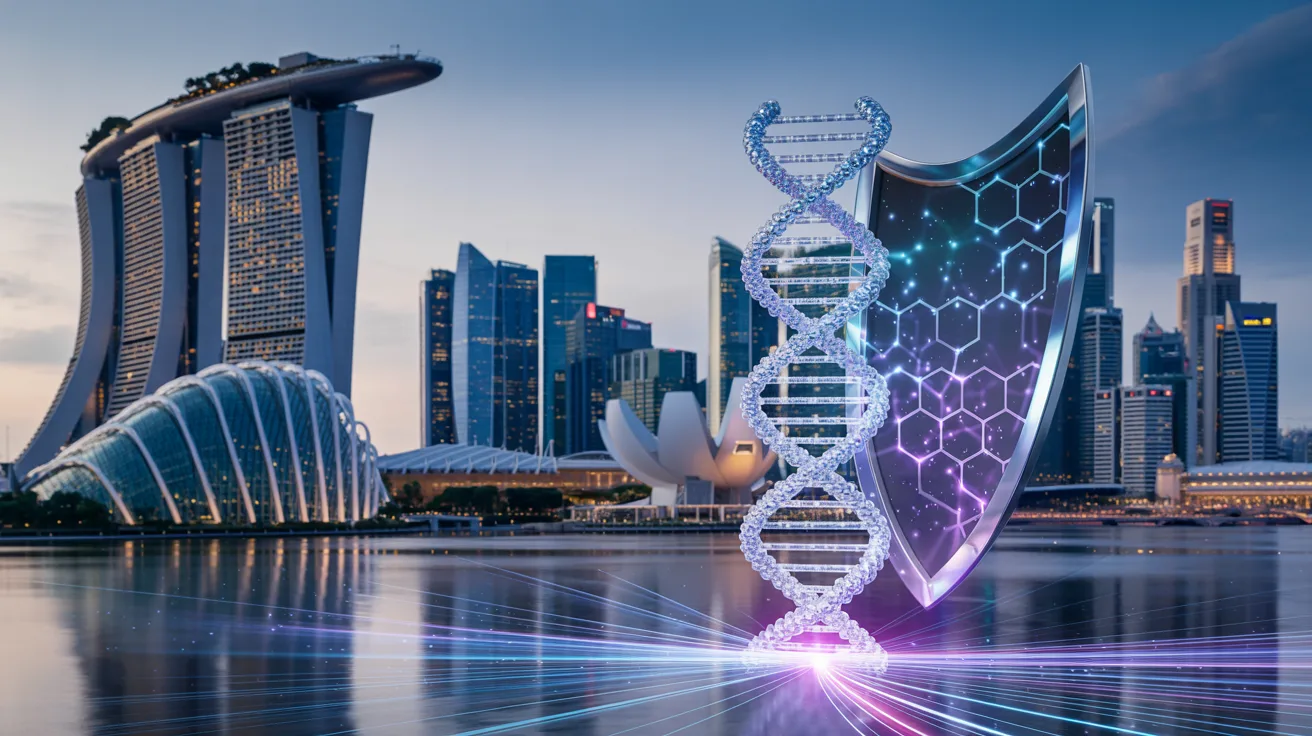 Futuristic Singapore cityscape with holographic DNA helix and quantum architecture at dusk.