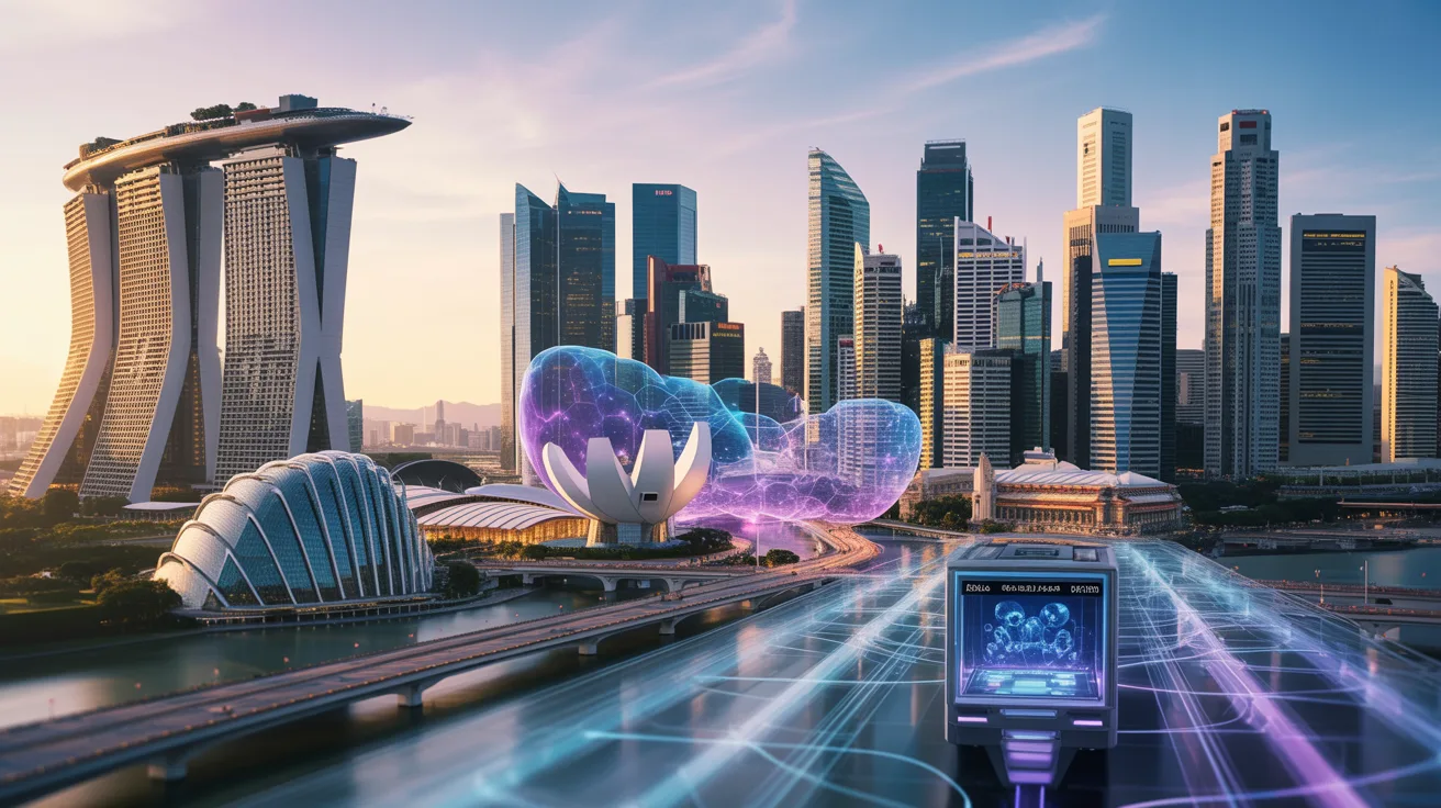 Futuristic Singapore cityscape with holographic projections at dusk, quantum banking interface.