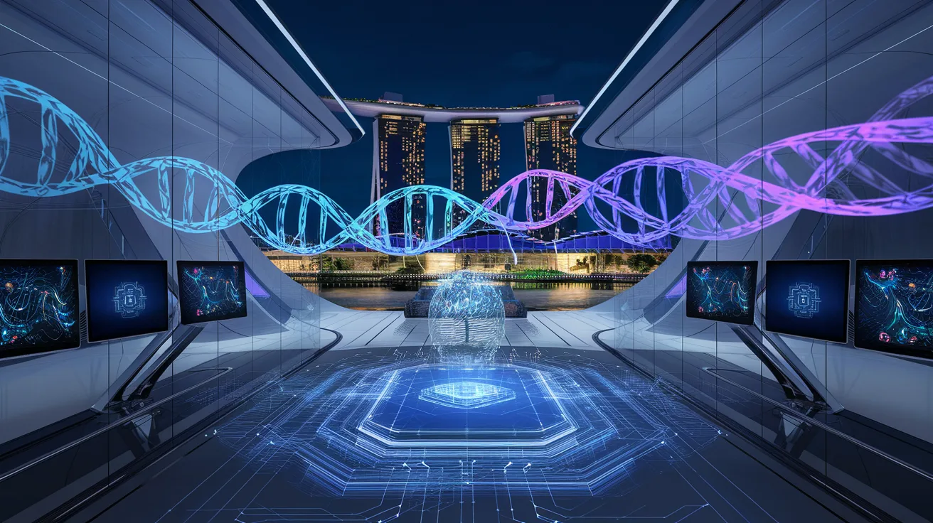 Futuristic Singapore lab with holographic displays, DNA-like code strands, Marina Bay Sands backdrop.