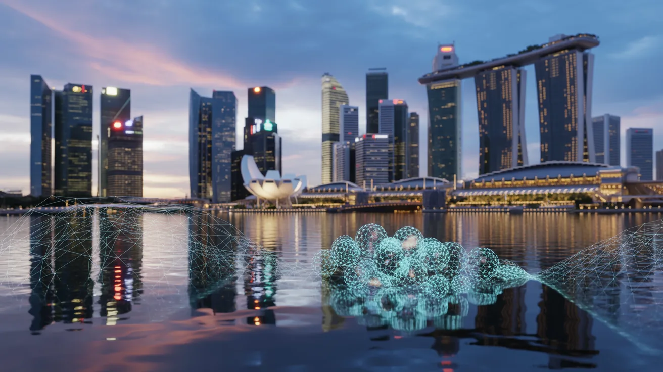 Futuristic Singapore skyline at dusk with holographic quantum visualization over water.