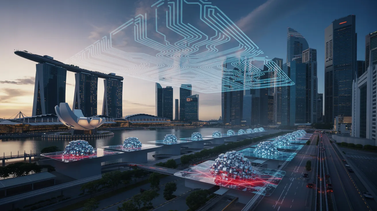 Futuristic Singapore skyline at dusk with holographic quantum circuits glowing blue-white.