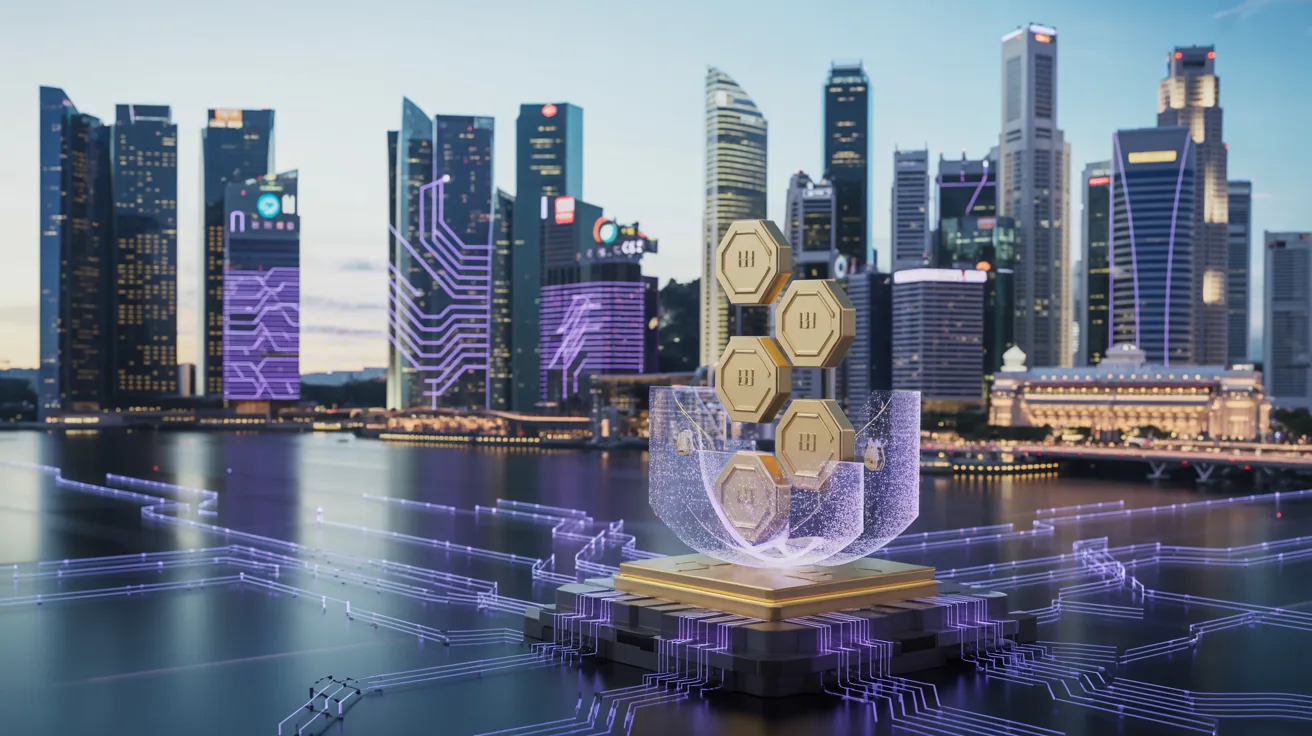 Futuristic Singapore skyline at dusk with holographic tokens over quantum processor, neon lights.