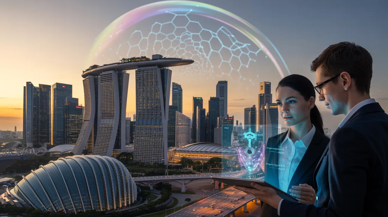 Futuristic Singapore skyline at dusk with Marina Bay Sands, glowing blue nodes, and quantum shield.
