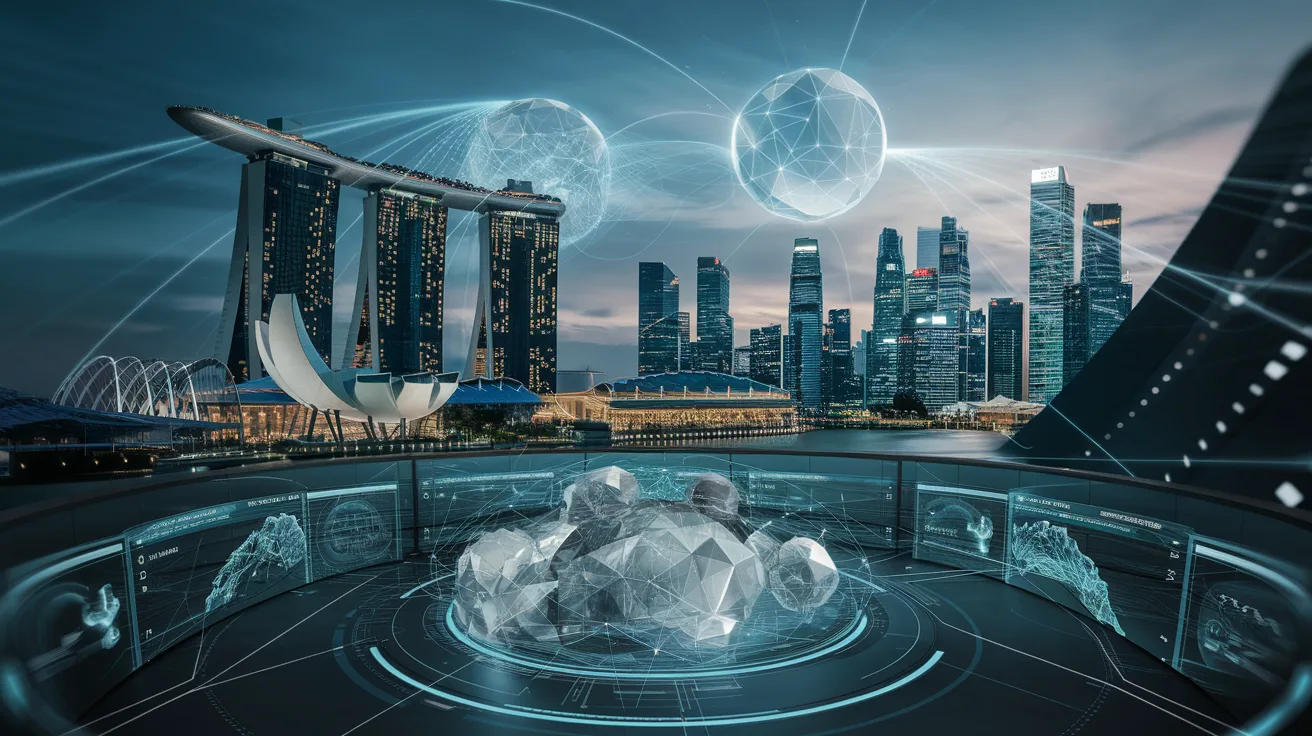 Futuristic Singapore skyline at dusk with quantum light and holographic displays.