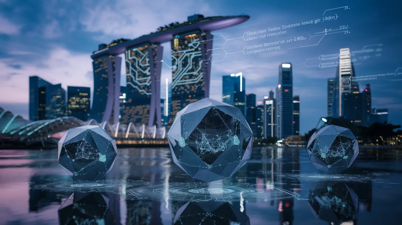 Futuristic Singapore skyline at dusk with quantum circuit projections and floating spheres.