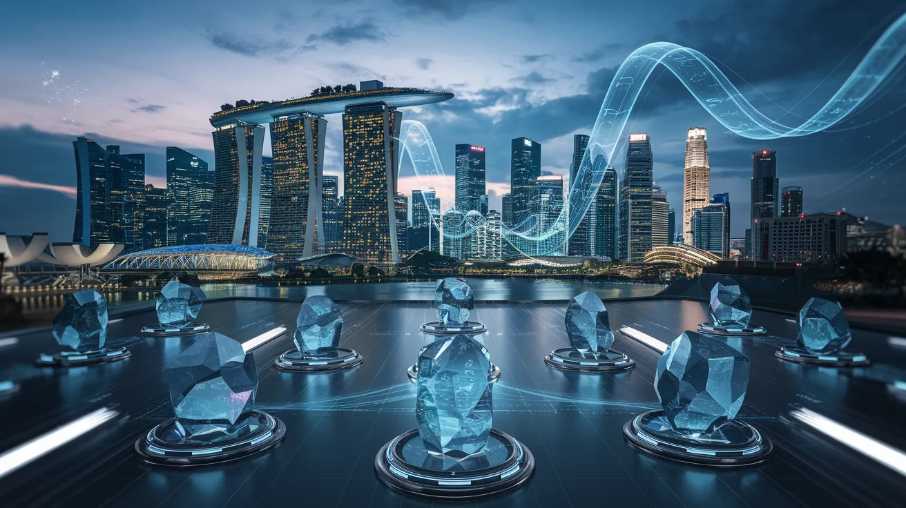 Futuristic Singapore skyline at dusk, with quantum lights and holographic trading displays.