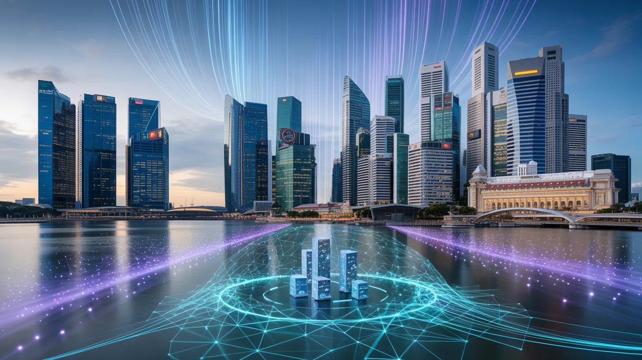 Futuristic Singapore skyline at dusk with quantum light streams and holographic network.