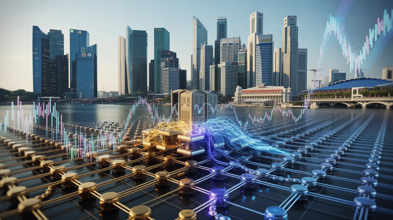 Futuristic Singapore skyline with a 3D hybrid quantum-classical computing model and holographic financial charts.
