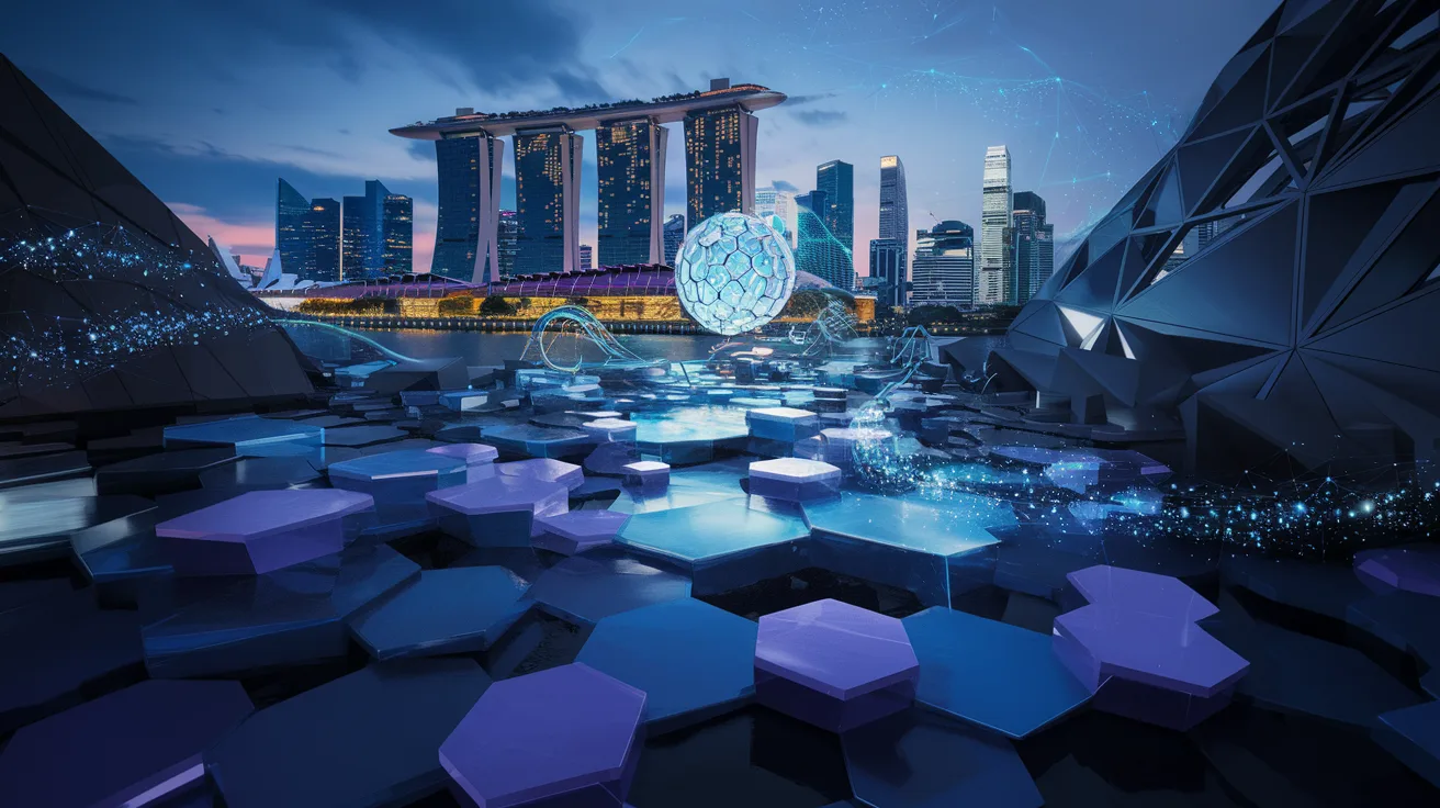 Futuristic Singapore skyline with crystalline hexagons, holographic data streams, and glowing sphere.