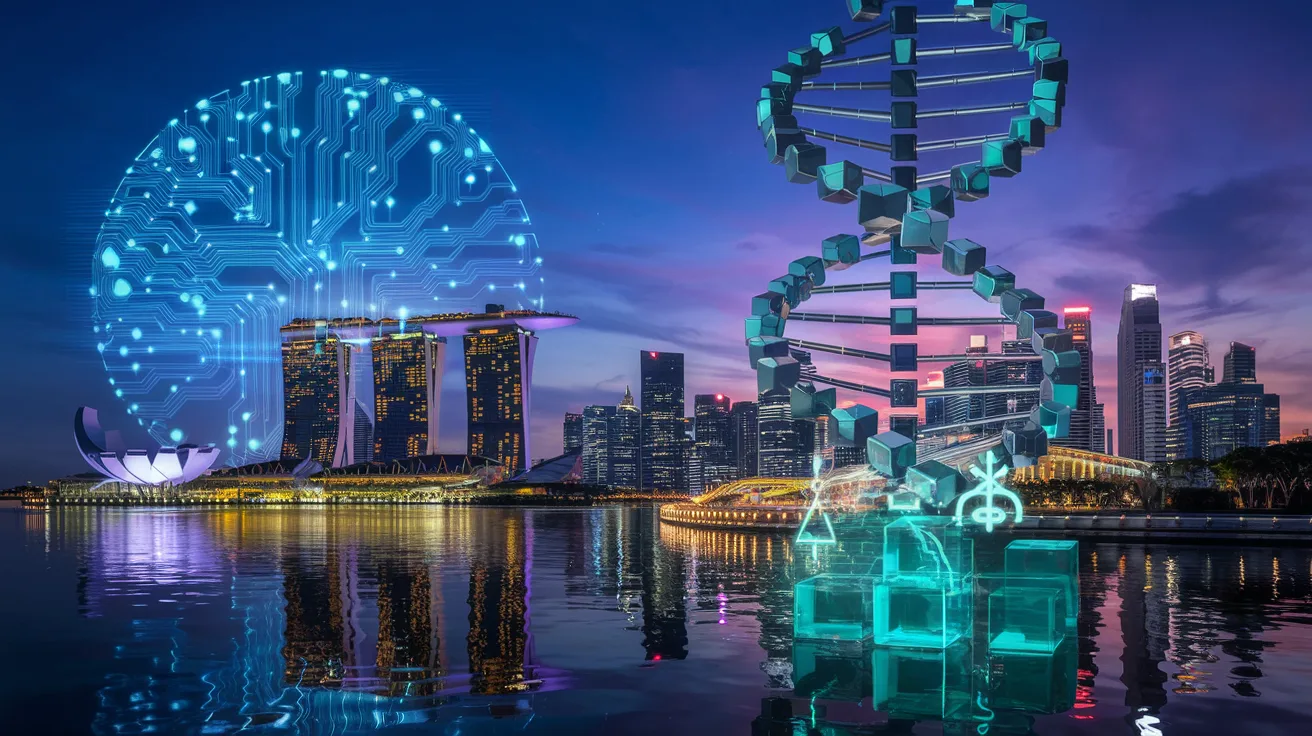 Futuristic Singapore skyline with holographic quantum circuits and blockchain helix at dusk.