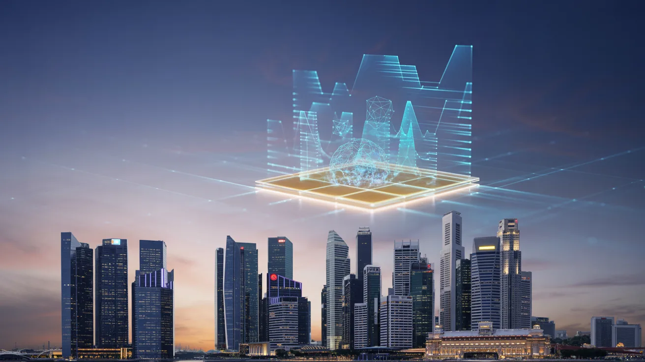 Futuristic Singapore skyline with holographic quantum circuit above city at dusk.