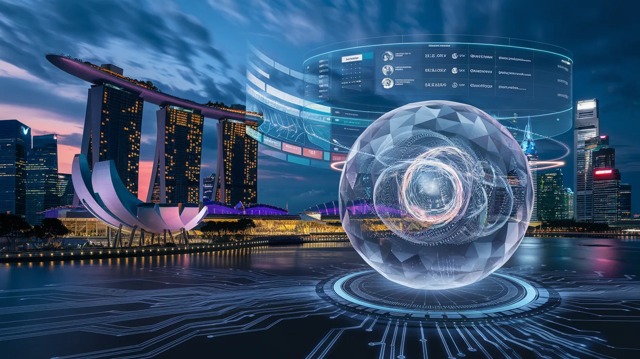 Futuristic Singapore skyline with Marina Bay Sands, glowing quantum sphere, and holographic patterns.