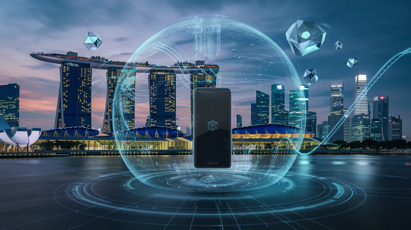 Futuristic Singapore skyline with quantum circuits glowing blue around a digital wallet at dusk.