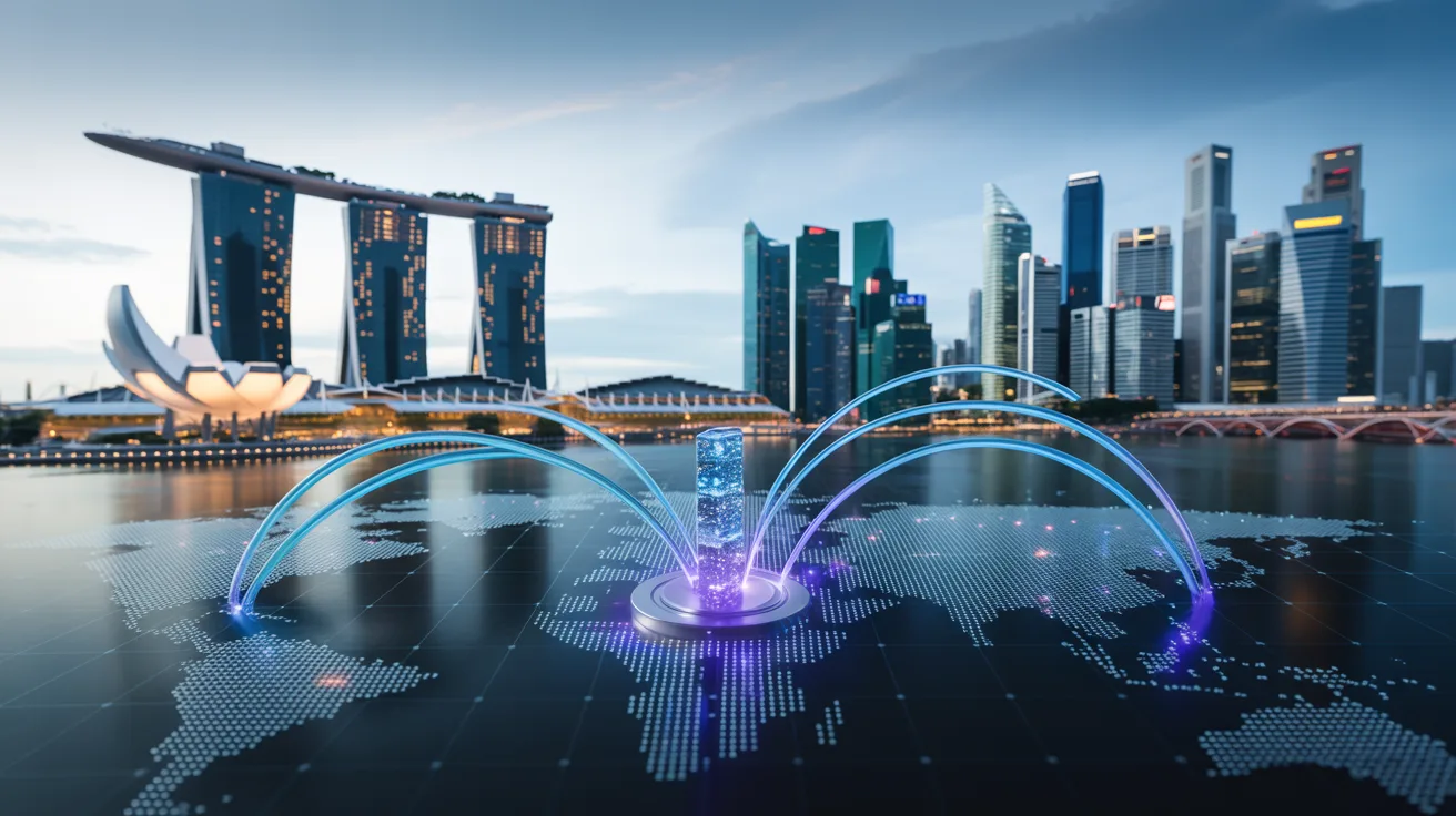 Futuristic Singapore skyline with SD-WAN network and quantum encryption, in dawn light.
