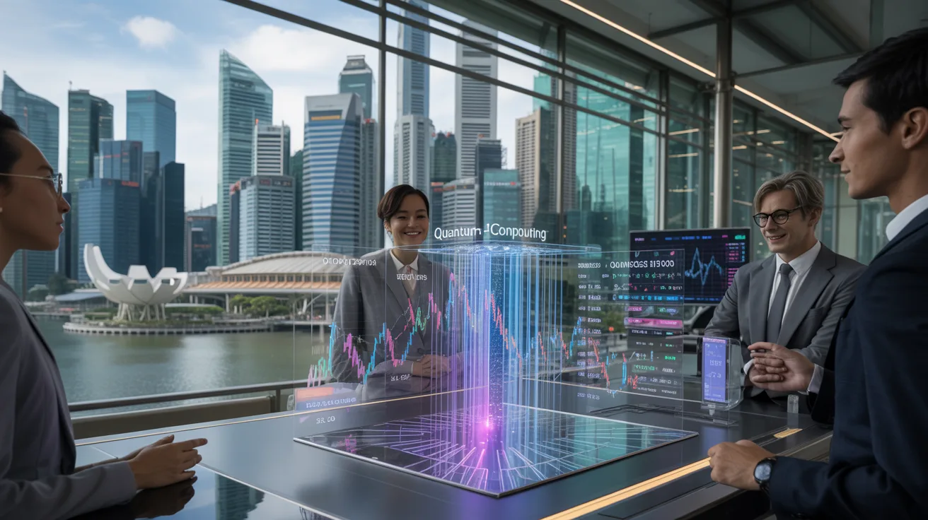 Futuristic Singapore trading floor with quantum computing, holographic displays, and skyline view.