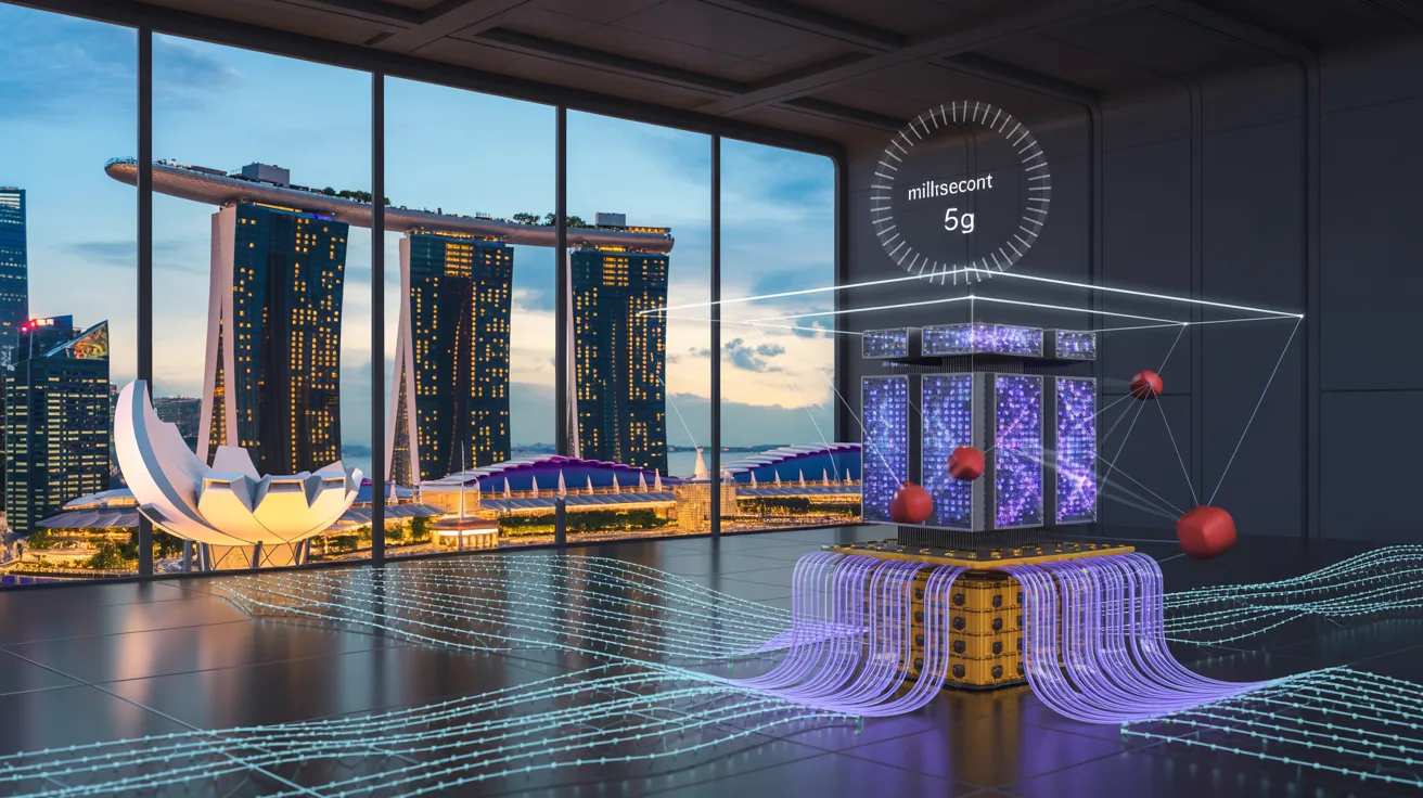High-tech server room in Singapore skyscraper with quantum processor, glowing circuits, and city skyline.