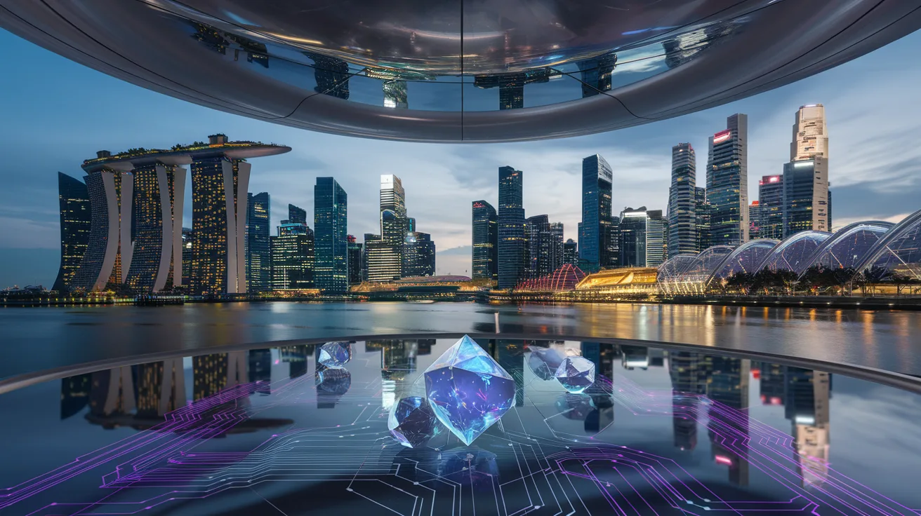 Marina Bay at dusk with futuristic skyscrapers, holographic circuits, and quantum elements.