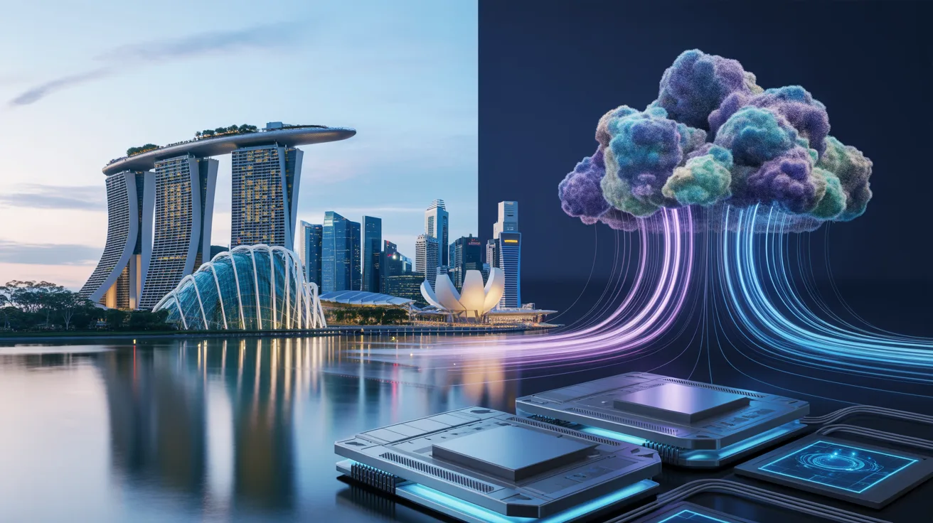 Marina Bay Sands at twilight with quantum server room and stylized cloud of particles.
