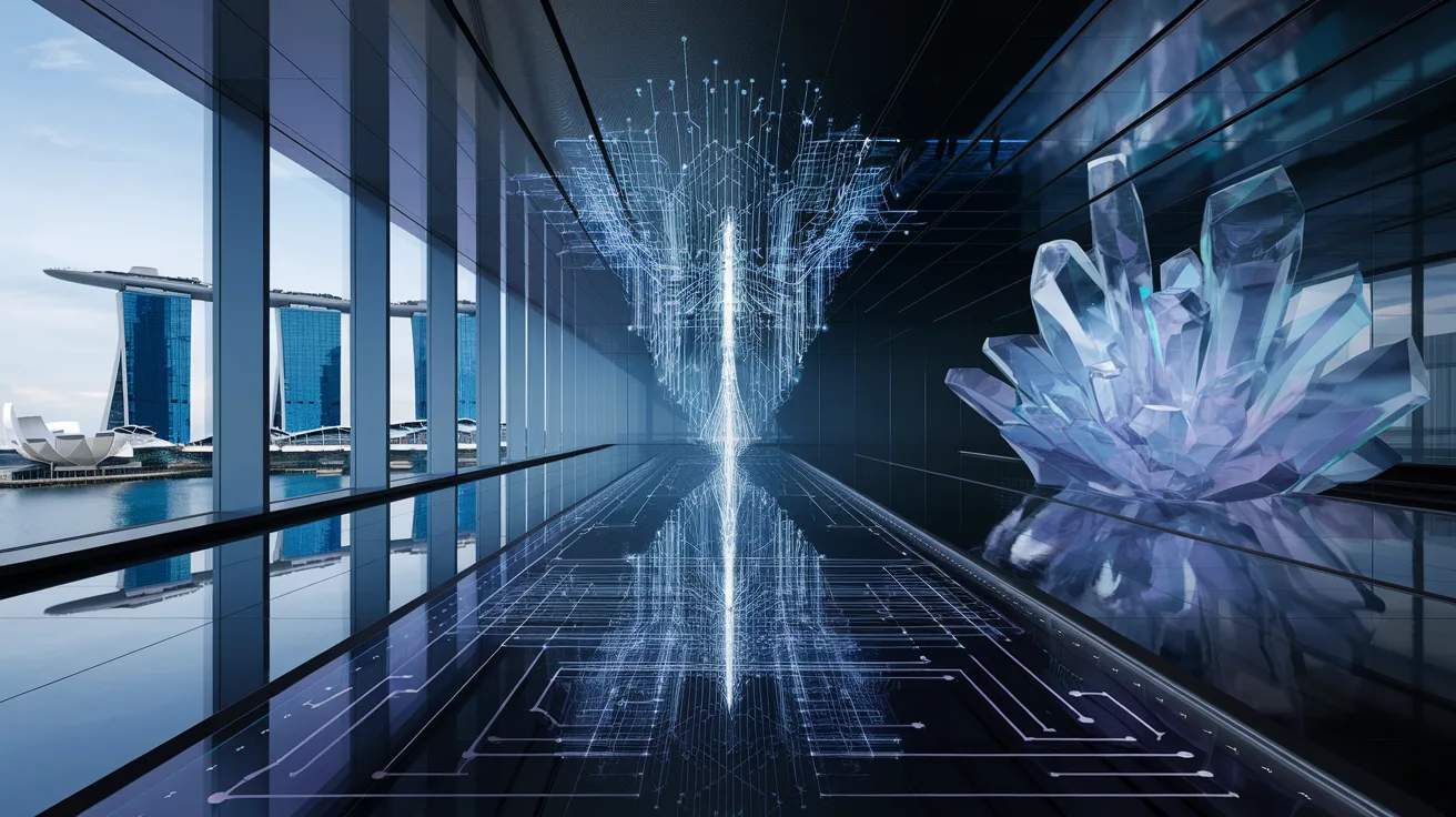 Modern lab with holographic quantum circuit, Marina Bay Sands backdrop, sleek tech design.