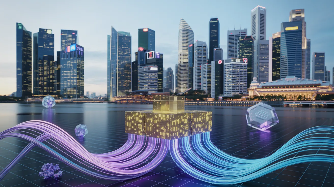 Singapore cityscape at dusk with holographic quantum circuit, glowing skyscrapers, and digital data streams.