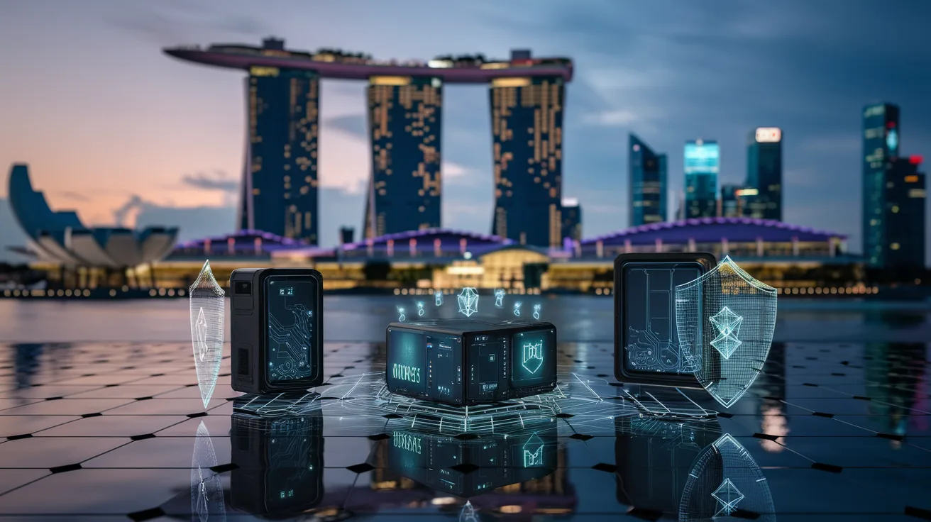Singapore cityscape at dusk with Marina Bay Sands, holographic IoT network, and quantum lighting.