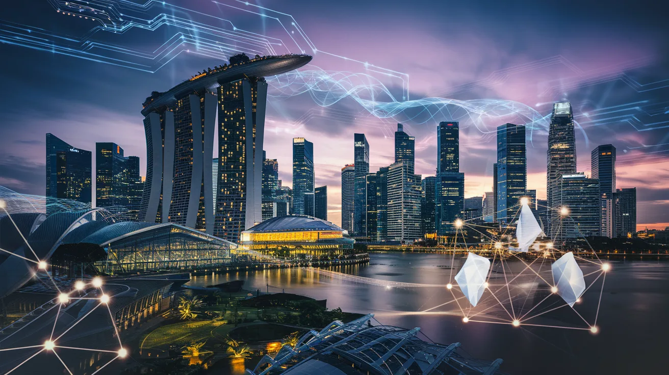 Singapore Marina Bay at dusk with quantum circuits, glowing skyline, and financial hologram.