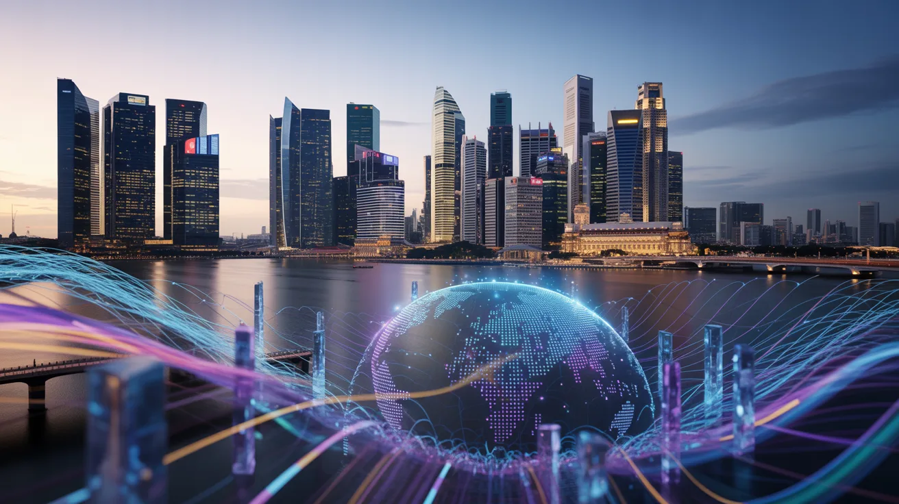 Singapore Marina Bay at dusk with quantum light matrix and crystalline structures.