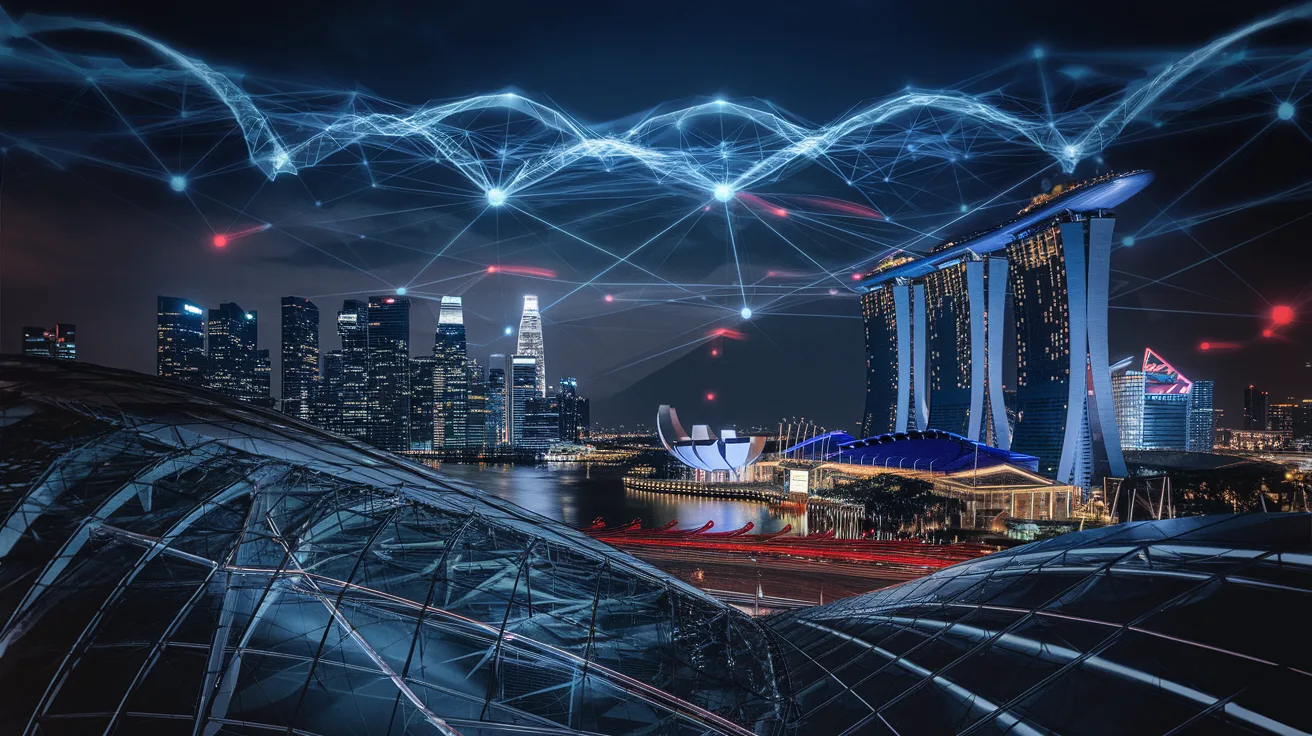Singapore Marina Bay Sands at night with futuristic blue-white quantum network overlay.