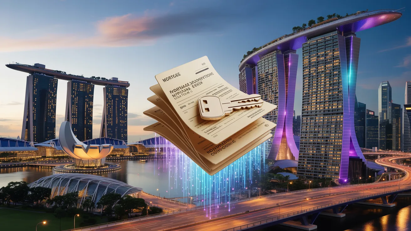 Singapore skyline at dusk with futuristic quantum center, holographic data visualization.