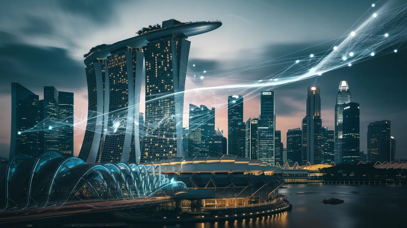 Singapore skyline at dusk with Marina Bay Sands, glowing skyscrapers, and floating quantum circuits.