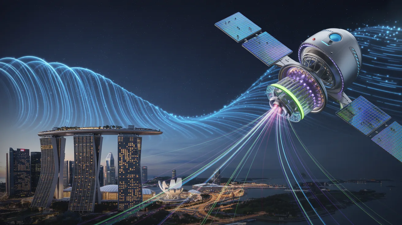Singapore skyline at night with Marina Bay Sands, quantum light streams, and orbiting satellite.