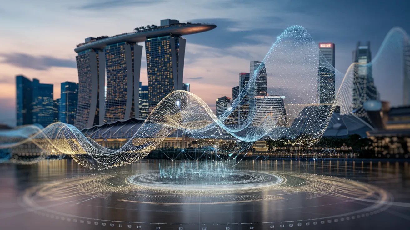 Singapore skyline at twilight with holographic financial data visualization.