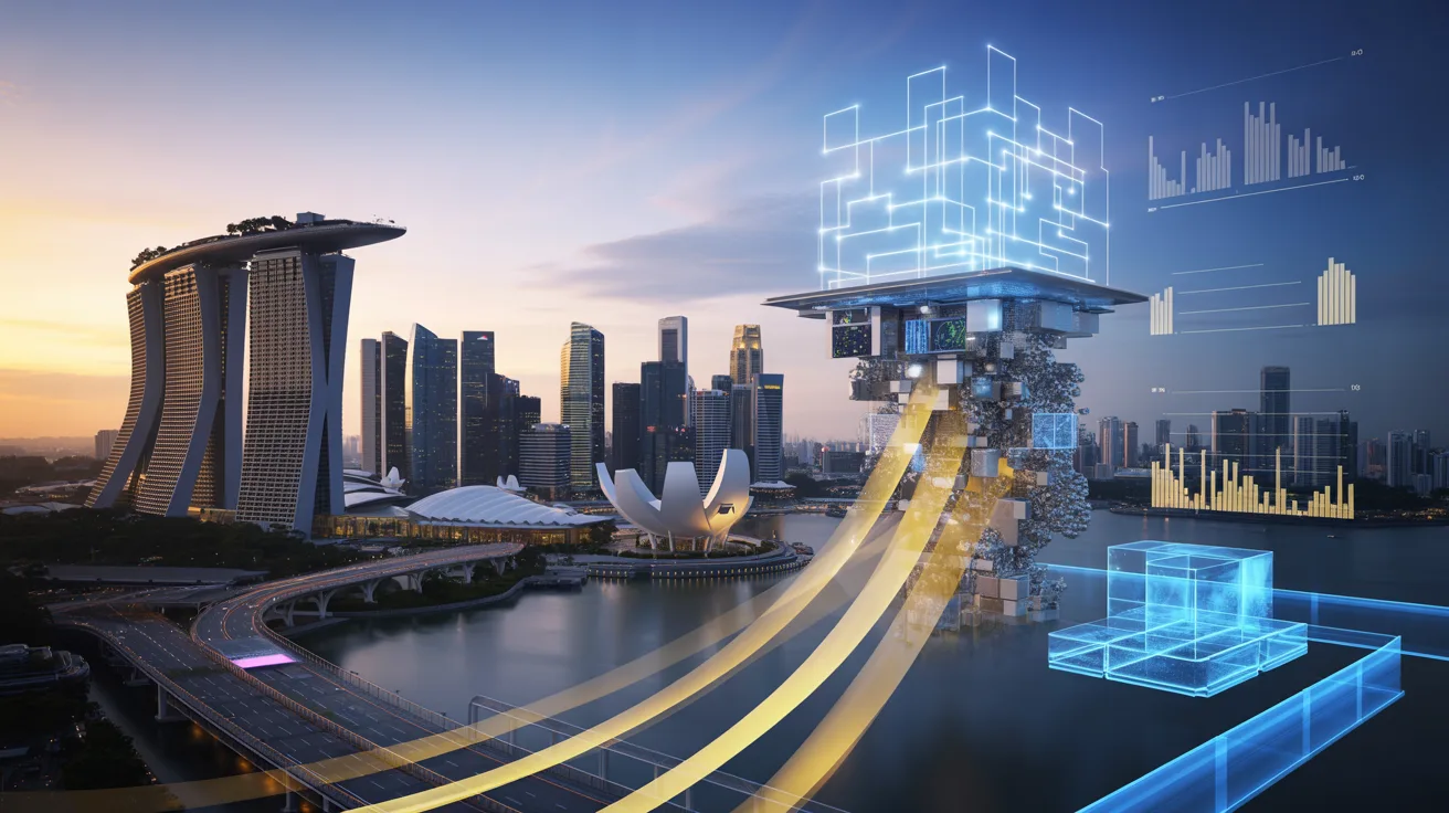 Singapore skyline with holographic quantum designs and financial data at dusk.